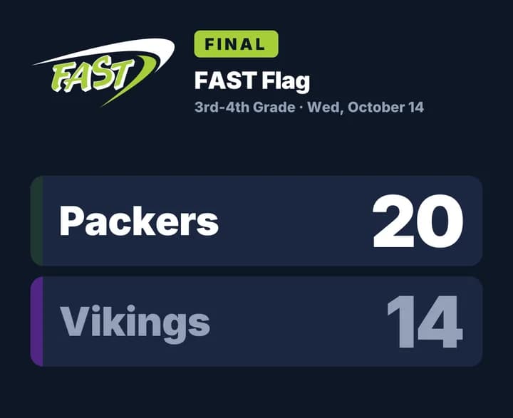 A share graphic: Packers 20, Vikings 14, final