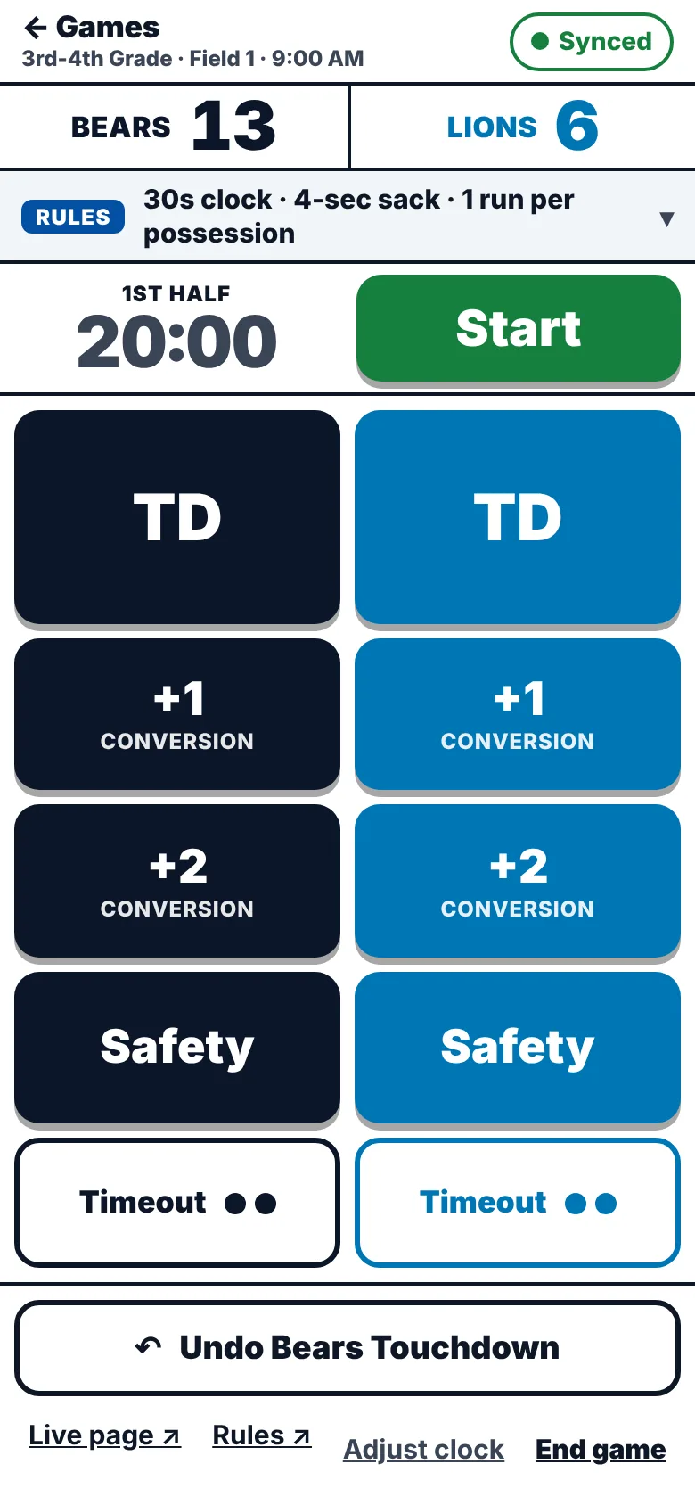 The ref's scoring screen with big touchdown buttons