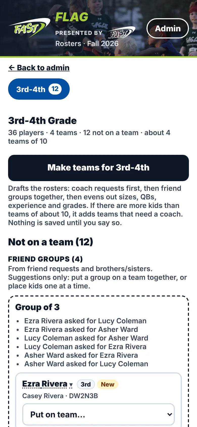 The rosters page showing a friend group of three kids who asked for each other
