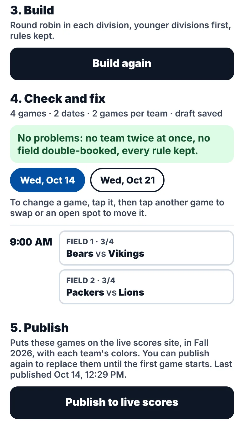 The schedule builder: no problems found, games by time and field