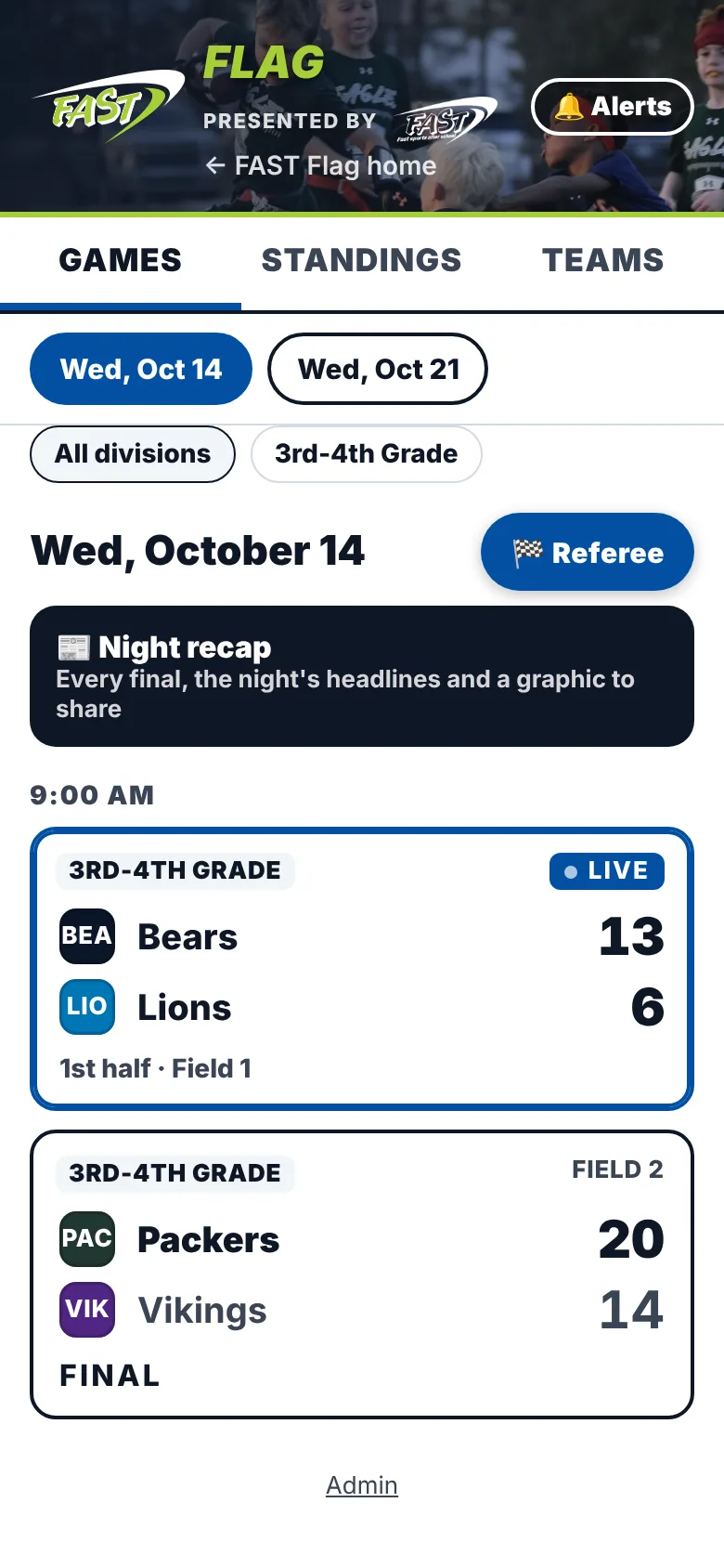 The scores page: Bears 13, Lions 6, live